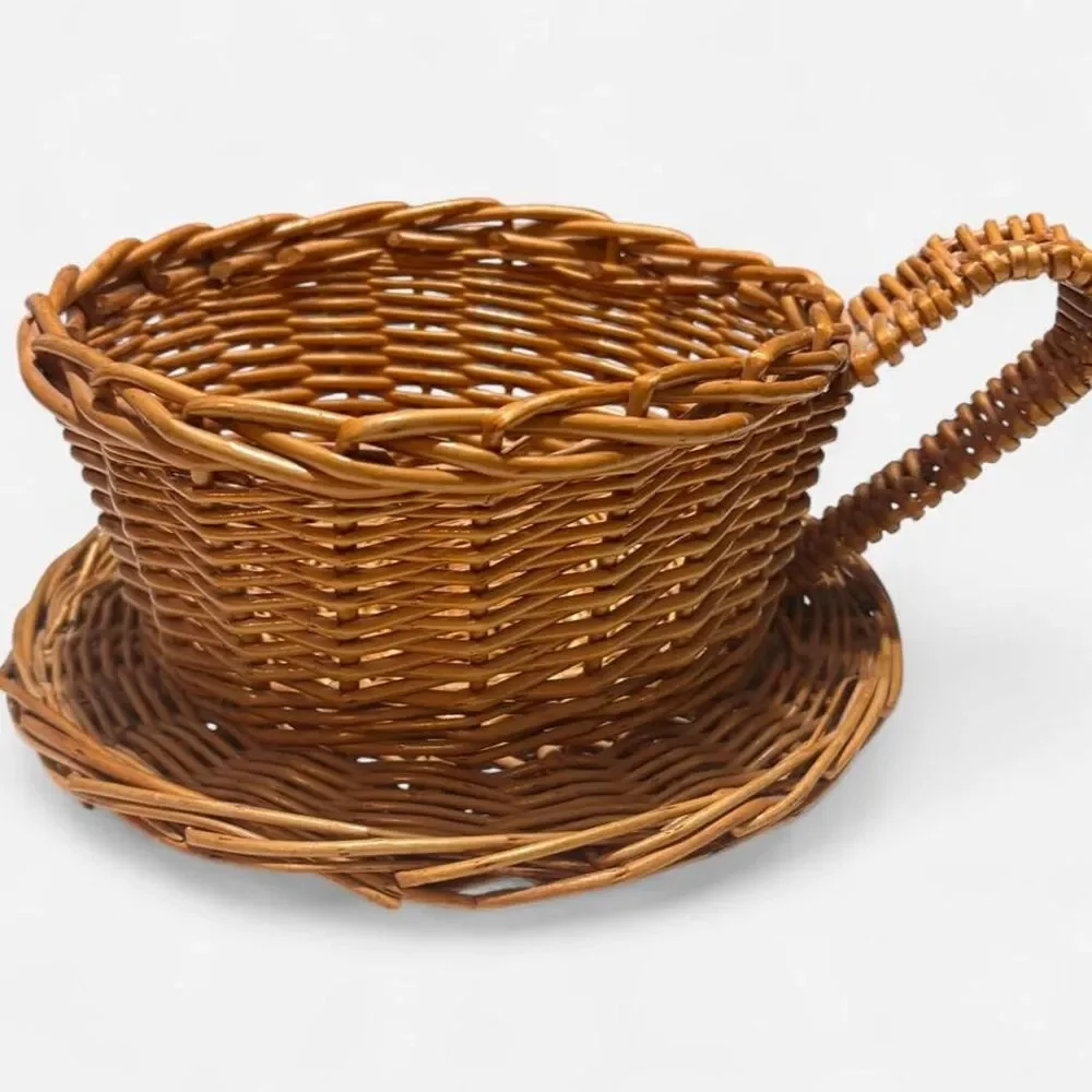 Wicker Basket Saucer Mug Cup Holder Decor Planter Organizer